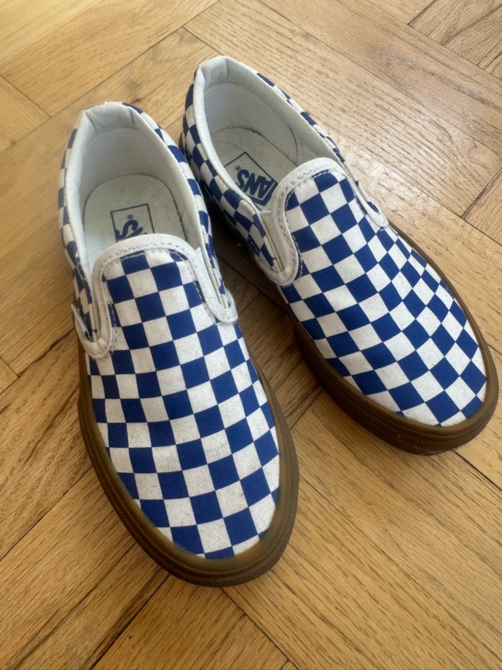 NWOT - Vans Kids Checkerboard Slip-On Sneakers - Blue & White with Brown Sole